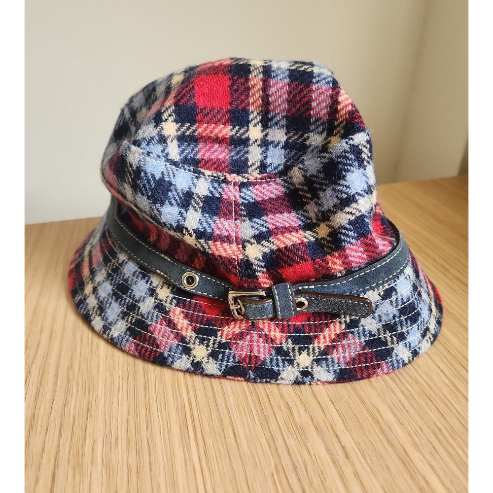 Coach Vintage Plaid Wool Bucket Hat Red Black Blue w/ Leather Trim